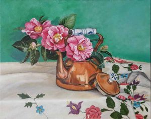 Acrylic painting on canvas, 'Camellias in Copper Kettle'