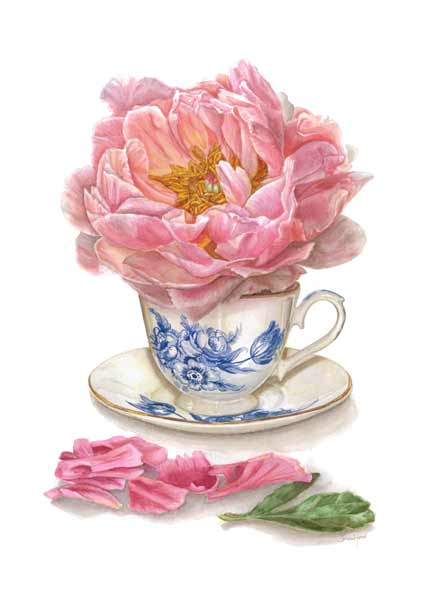 Pink peony in blue and white teacup, print