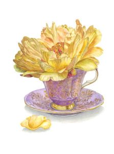Limited edition giclee print of watercolour painting, 'Yellow peony in a Purple Teacup' by artist Tricia Hood