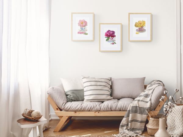 Peony in a Teacup, prints on wall