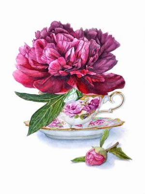 limited edition print of a burgundy peony in a teacup with roses