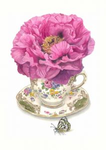 Pink peony in a green chintz teacup